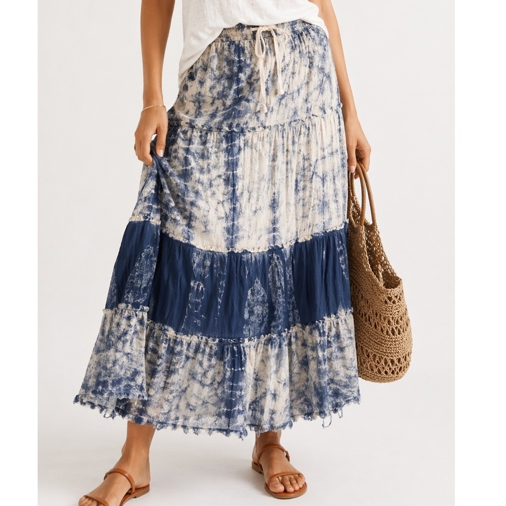 Tiered Midi Skirt Large Boho Festival Hippie Tie Dye Cotton Drawstring Coastal